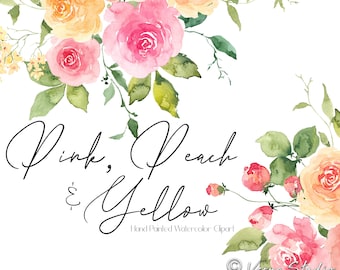 Könnte beinhalten: Aquarell-Clipart mit rosa, pfirsichfarbenen und gelben Rosen mit grünen Blättern. Der Text "Pink, Peach & Yellow" ist in Kursivschrift unter den Blumen geschrieben. Der Text "Hand Painted Watercolor Clipart" ist unter dem kursiv geschriebenen Text geschrieben. Das Copyright-Symbol und "Verva Studio" sind in der rechten unteren Ecke geschrieben.