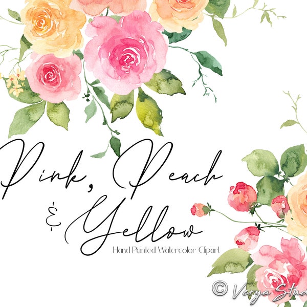 Peach Pink Yellow Watercolor Flowers Clipart Floral Clip Art Spring Clipart Bright Summer Orange Bouquets Wedding Bridal Graphics Flower PNG