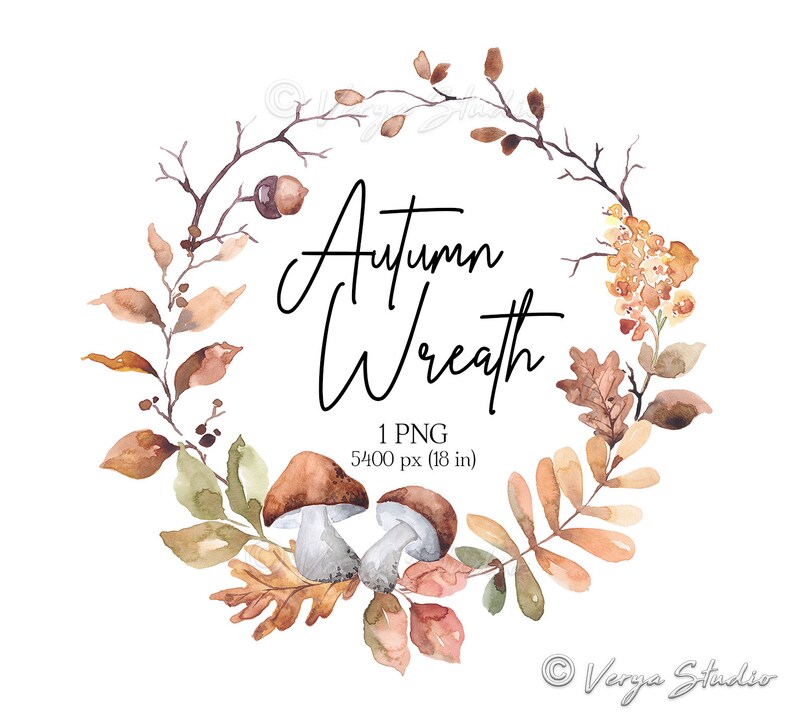 May include: Watercolour autumn wreath with brown, orange, and green leaves, acorns, and mushrooms. The wreath is 18 inches in diameter and is available as a digital download.