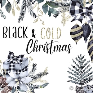 Natal Clipart Preto e Dourado Aquarela Natal Clipart Buffalo Check Gingham Floral Verdejante Glitter Dourado Folhas Buquês Borda PNG