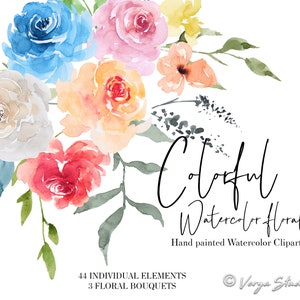Bunt Aquarell Blumen Clipart Blumen Clip Art Gelb Rosa Blau Orange Pfirsich Blush Rosen Hochzeit Clipart Sommer Strauß Kommerzielle Nutzung