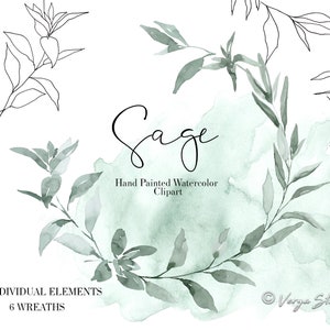 Puede incluir: Clipart de acuarela de salvia con 22 elementos individuales y 6 coronas. El clipart está pintado a mano y presenta un fondo de acuarela verde con hojas de salvia.