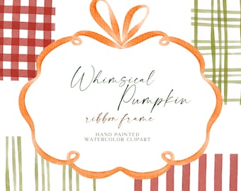 Clipart de cadre automnal fantaisiste, bordure de citrouille ondulée, cadres d'automne gribouillés, clipart de nœud papillon à carreaux style cottagecore