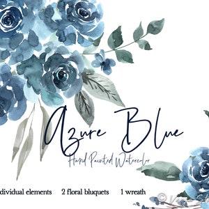 Imágenes prediseñadas de flores de acuarela, imágenes prediseñadas florales de color azul polvoriento, imágenes prediseñadas de boda de color azul pastel, hojas, follaje, gráficos de novia, ramos, coronas PNG