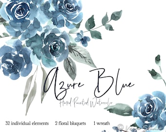 Watercolor Flowers Clipart Dusty Blue Floral Clip Art Pastel Blue Wedding Clipart Leaves Foliage Bridal Graphics PNG Bouquets Wreath