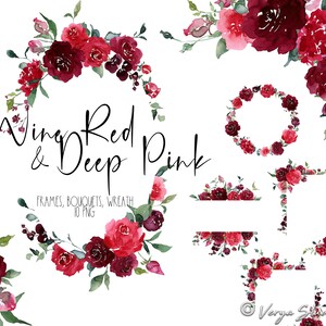 Puede incluir: Conjunto de clipart floral de acuarela con rosas de color rojo vino y rosa intenso, hojas y vegetación. El conjunto incluye marcos, ramos y una corona. Hay 10 archivos PNG en total.