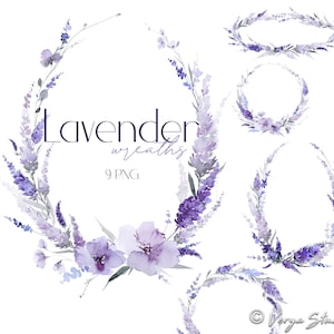 Coronas de lavanda, acuarela, flores moradas, clipart, lila, violeta, malva, bordes botánicos, marcos, clipart de primavera y verano, gráficos de boda, bricolaje PNG