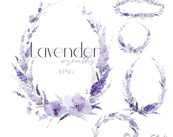 Coronas de lavanda, acuarela, flores moradas, clipart, lila, violeta, malva, bordes botánicos, marcos, clipart de primavera y verano, gráficos de boda, bricolaje PNG
