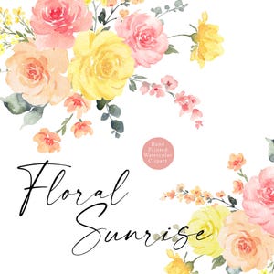 Clipart floral pêche rose jaune aquarelle fleurs de printemps orange fard à joues vif élégant été pastel guirlande bouquet mariage graphiques PNG