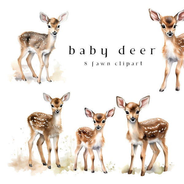 Deer Clipart Watercolor Cute baby Deer Clip Art 8 PNG Bundle Fawn Sublimation Nursery Decor Baby Shower Graphics Digital Download