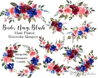 Navy, Bordo, Blush Watercolor Floral Clipart Bouquets Burgundy Red Pink Wine Indigo Blue Flowers Wedding Clip Art Arrangements PNG Graphics