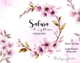 Couronnes de printemps Clipart aquarelle florale Clip Art Sakura fleurs de cerisier fleurs brindille jardin Pâques rose Blush mariage graphiques PNG élégant