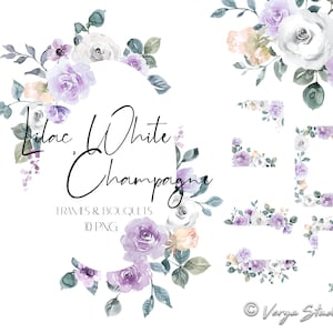 Imágenes prediseñadas de flores de color lila, blanco, champán, acuarela, flores, vegetación, marcos, bordes, coronas, ramos, morado, beige, gráficos de boda PNG