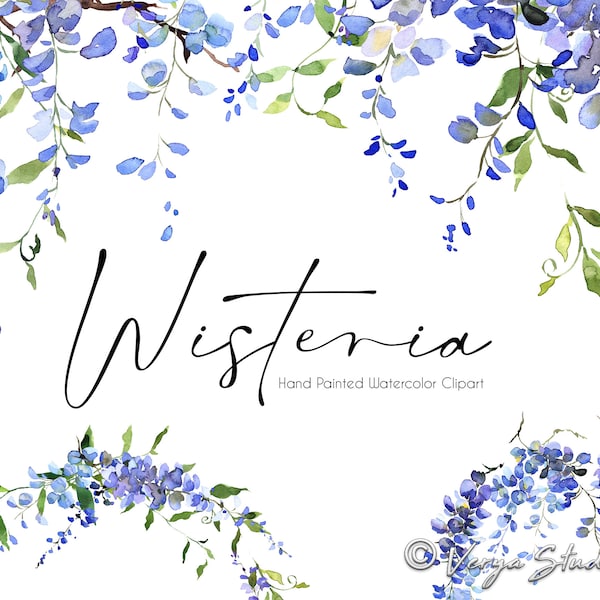 Glycine Aquarelle Floral Clipart Printemps Fleurs Clip Art Bleu Violet Lilas Violet Floral Drop Frame Couronne Lavande Mariage Graphiques PNG