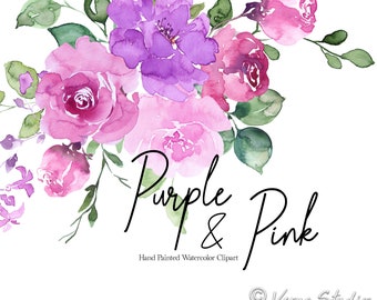 Może przedstawiać: Aquarela przedstawiająca bukiet fioletowych i różowych kwiatów z zielonymi liśćmi. Tekst "Purple & Pink" jest napisany pod kwiatami. Tekst "Hand Painted Watercolor Clipart" jest napisany pod tekstem "Purple & Pink". Tekst "Verga Studio" jest napisany w prawym dolnym rogu obrazu.
