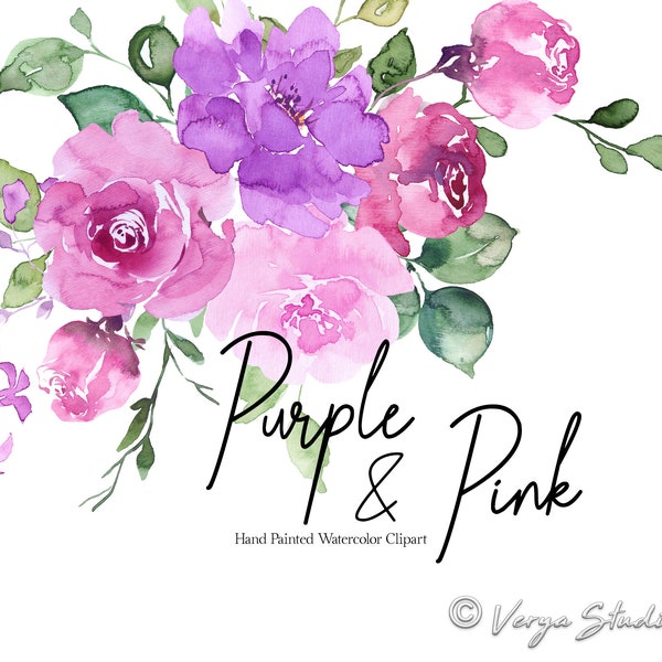 Purple Pink Watercolor Floral Clipart Flowers Clip Art Summer Clipart Spring Clip Art Blush Violet Flower Roses Peonies Wedding Graphics PNG