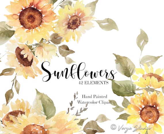 Sunflowers Clipart, Watercolor Fall Floral Clip Art, Yellow Flowers PNG, Summer Autumn PNG, 42 Botanical Elements Bundle