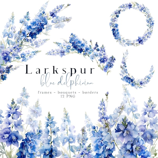 Spring Floral Clipart Blue Delphinium Larkspur Clip Art Wreaths Borders Bouquets PNG Lavender Blue Purple Navy Flowers Wedding Graphics Set