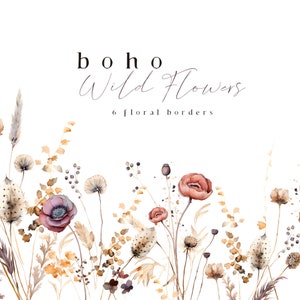 Wilde weide bloemen clipart Boho aquarel wilde bloemen grenzen clip art bruiloft uitnodigingen graphics sierlijke kleine bloemen herfst herfst 6 PNG