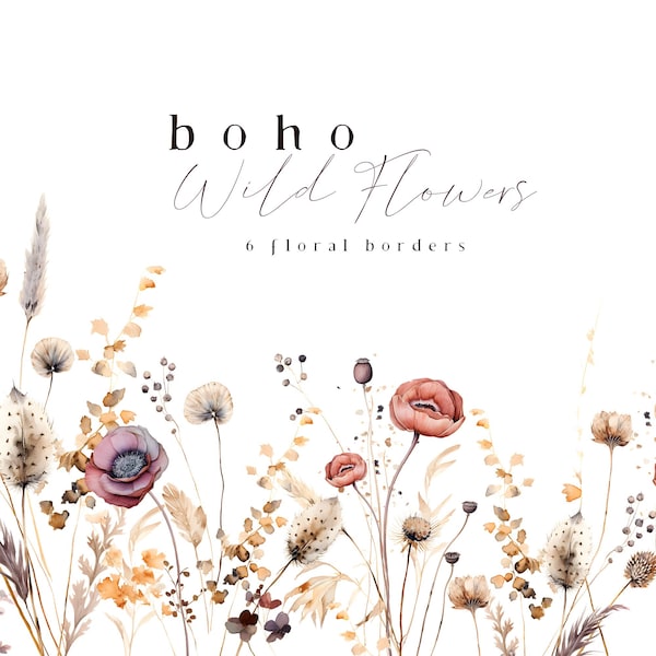 Wilde weide bloemen clipart Boho aquarel wilde bloemen grenzen clip art bruiloft uitnodigingen graphics sierlijke kleine bloemen herfst herfst 6 PNG