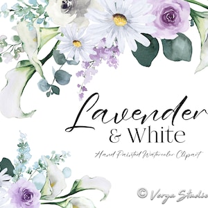Lavendel weiß Aquarell Blumen Clipart lila Blumen Clip Art Gänseblümchen Calla Lilien Eukalyptus Greenery Dusty Blau Blumenstrauß Hochzeit DIY PNG