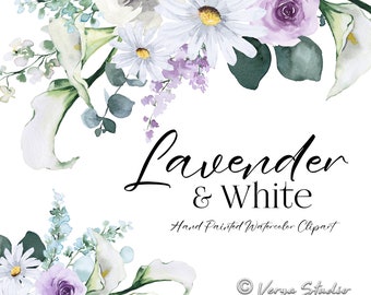 May include: Watercolor clipart featuring a bouquet of white calla lilies, white daisies, lavender roses, and eucalyptus leaves. The text "Lavender & White Hand Painted Watercolor Clipart" is displayed below the bouquet. The copyright symbol and "Verga Studio" are displayed in the bottom right corner.