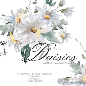 Clipart floral aquarelle de marguerites printemps Clip Art Marguerite blanche fleur verdure Bouquet guirlande frontière graphiques de mariage d'été PNG imprimable