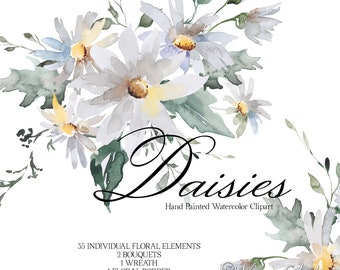 Daisies Watercolor Floral Clipart Spring Clip Art White Daisy Flower Greenery Bouquet Wreath Border Summer Wedding Graphics Printable PNG