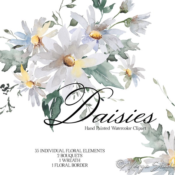 Daisies Watercolor Floral Clipart Spring Clip Art White Daisy Flower Greenery Bouquet Wreath Border Summer Wedding Graphics Printable PNG
