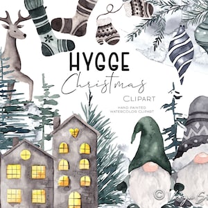 Clipart di Natale scandinavo Acquerello Clip Art invernale Gnomi di Natale nordici Renne Bacche Verde Pini Ghirlanda del bosco Hygge PNG