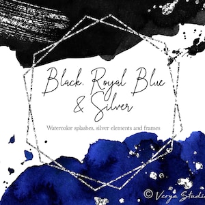 Aquarelle bleu royal noir argent éclaboussures Clipart coups de pinceau argent éclaboussures lavis bleu foncé cadre géométrique argenté mariage clipart