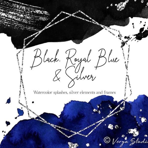 Royal Blue Black Silver Watercolor Splashes Clipart Silver Brush Strokes Splatter Dark Blue Washes Silver Geometric Frame Wedding Clip Art