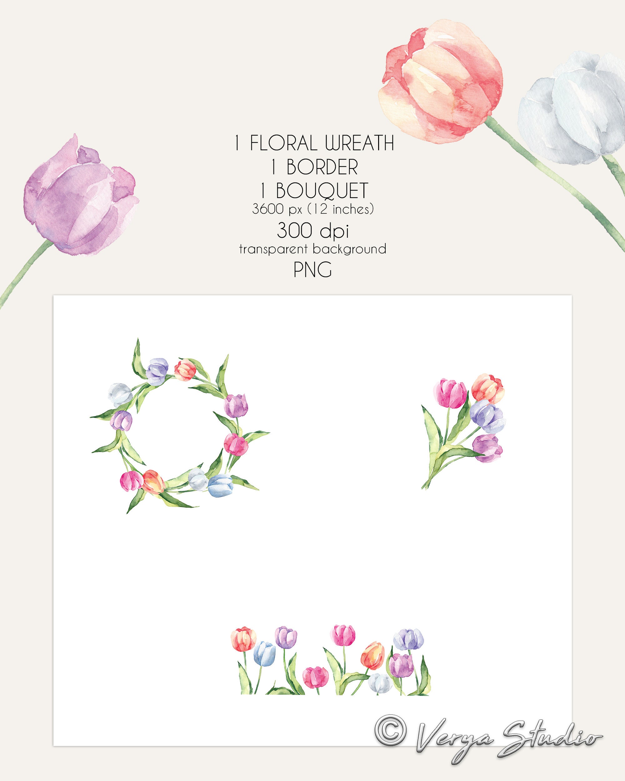 Spring Clipart Watercolor Tulips Clip Art Easter Clipart Frames Bouquet ...