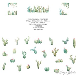 May include: A set of 24 watercolor illustrations of cacti in various shapes and sizes. The illustrations are perfect for creating digital or printed designs, such as greeting cards, invitations, and scrapbook pages. The set also includes two cactus frames and one border.