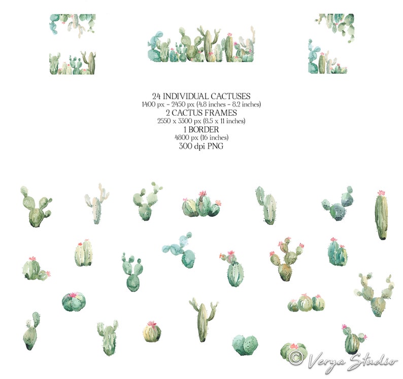 May include: A set of 24 watercolor illustrations of cacti in various shapes and sizes. The illustrations are perfect for creating digital or printed designs, such as greeting cards, invitations, and scrapbook pages. The set also includes two cactus frames and one border.