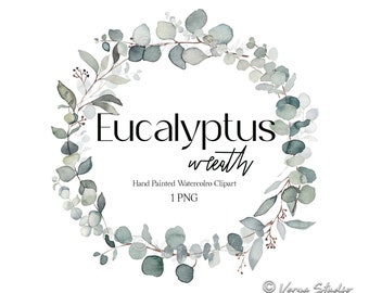 Op de afbeelding: Een aquarel-illustratie van een eucalyptuskrans met groene bladeren en takken. De tekst "Eucalyptus wreath" is in zwarte letters geschreven met daaronder de woorden "Hand Painted Watercolor Clipart 1 PNG".