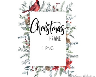 Christmas Frame Clipart, Watercolor Greenery Northern Red Cardinal Bird Winter Clip Art, Christmas Vlipart 1 PNG, Floral PNG, Berries Pine