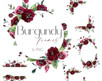 May include: Six watercolor illustrations of burgundy floral frames. The frames are made of burgundy roses, leaves, and greenery. The frames are perfect for adding a touch of elegance to your designs.