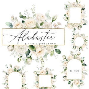 Fleurs or crème cadres Clipart aquarelle Floral Clip Art, bordures de fleurs blanc ivoire PNG, graphiques de fleurs de mariage, cadre de roses blanches