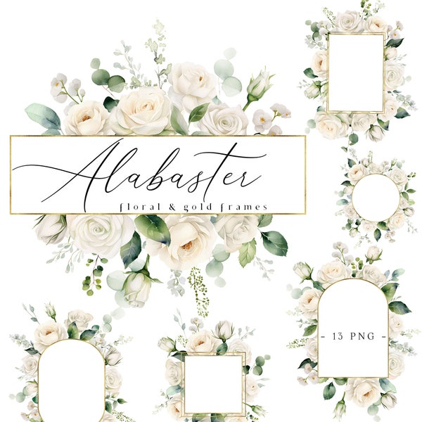 Cream Gold Flowers Frames Clipart Watercolor Floral Clip Art,  Ivory White Flower Borders PNG, Wedding Flowers Graphics, White Roses Frame