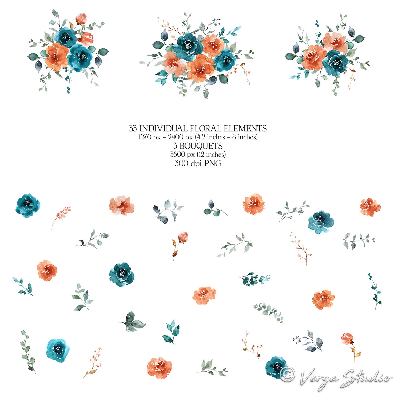 Teal Rust Orange Watercolor Flowers Clipart Floral Clip Art Etsy UK