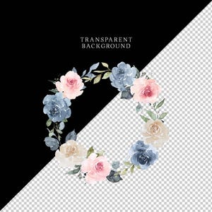 May include: A watercolor wreath with pink and blue flowers. The wreath is on a transparent background.