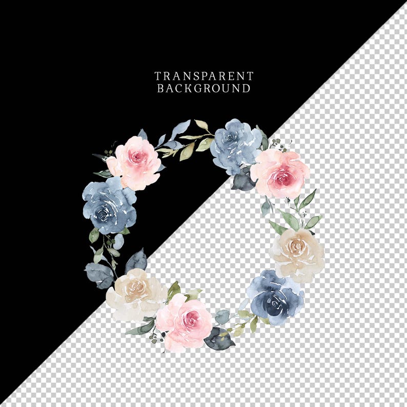 May include: A watercolor wreath with pink and blue flowers. The wreath is on a transparent background.
