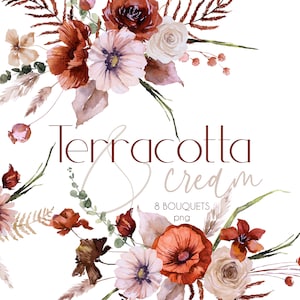 Herbst Aquarell - Terrakotta Blumen Clipart, Creme Braun erdige Beige Herbst Blumen, Hochzeit im Herbst, Herbst Blumenarrangements 8 Boho Sträuße