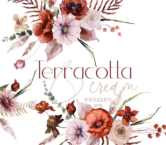 Fall Watercolor - Terracotta Floral Clipart, Cream Brown Earthy Beige Autumn Flowers, Fall Wedding, Fall Floral Arrangements 8 Boho Bouquets