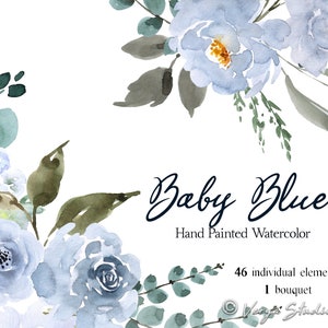 ベビーブルーの水彩画の花のクリップアート ソフトパステル ライトブルーのウェディング花のクリップアート ユーカリの葉 アジサイ PNG グラフィックス 水彩画