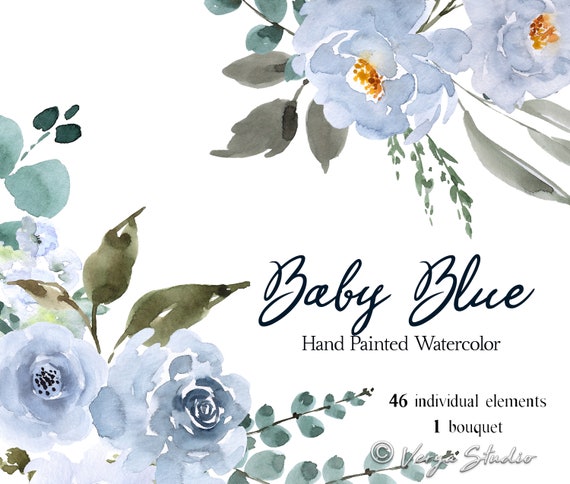 Baby Blue Watercolor Flowers Clipart Soft Pastel Light Blue Etsy