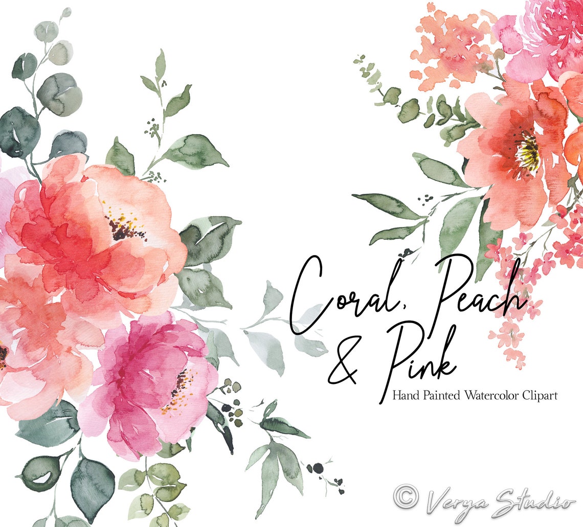 Watercolor Floral Clipart Peach Coral Pink Flowers Peonies Clip Art ...