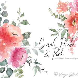Clipart floral aquarelle pêche corail fleurs roses pivoines Clip Art Orange Blush bouquet rouge printemps été automne automne mariage graphiques PNG