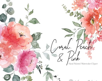Clipart Floral Aquarela Pêssego Coral Flores Rosa Peônias Clip Art Laranja Blush Vermelho Buquê Primavera Verão Outono Outono Casamento Gráficos PNG